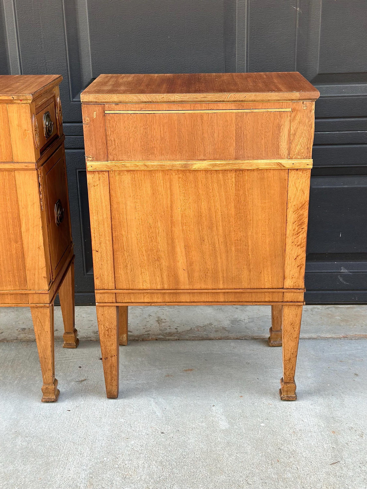 Antique Early 20th C Burl Maple & Mahogany Neoclassical Nightstands 12.5" Wide - a Pair