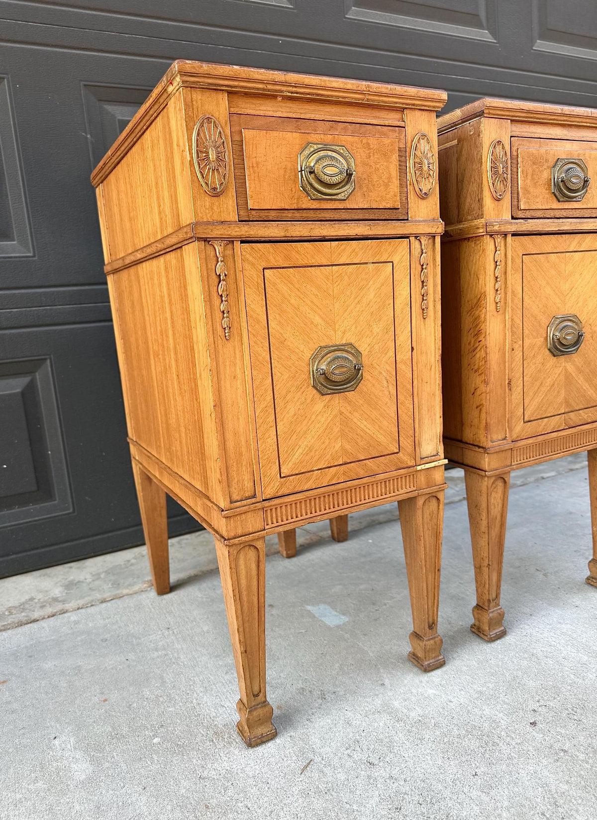 Antique Early 20th C Burl Maple & Mahogany Neoclassical Nightstands 12.5" Wide - a Pair