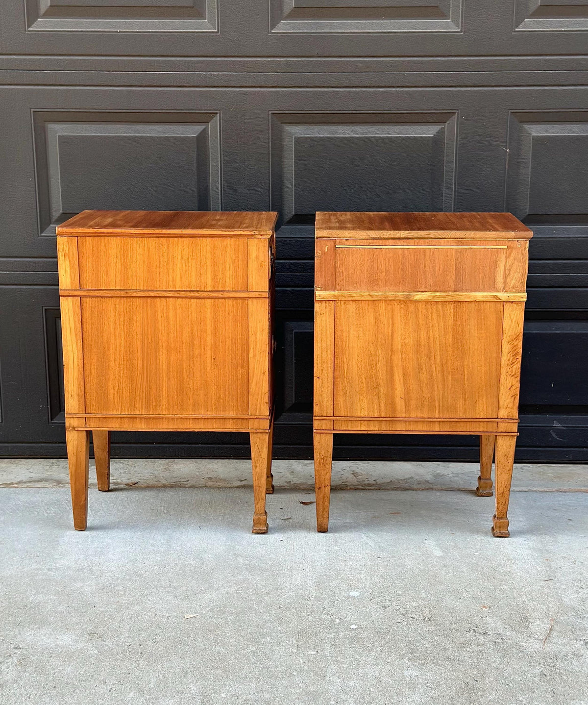 Antique Early 20th C Burl Maple & Mahogany Neoclassical Nightstands 12.5" Wide - a Pair