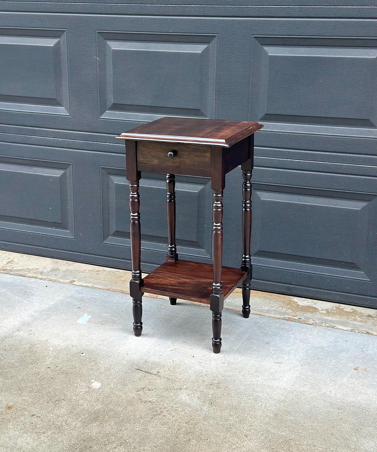 Antique Early 20th C Dark Wood Turned Leg Side Table with Drawer 14.75" Wide