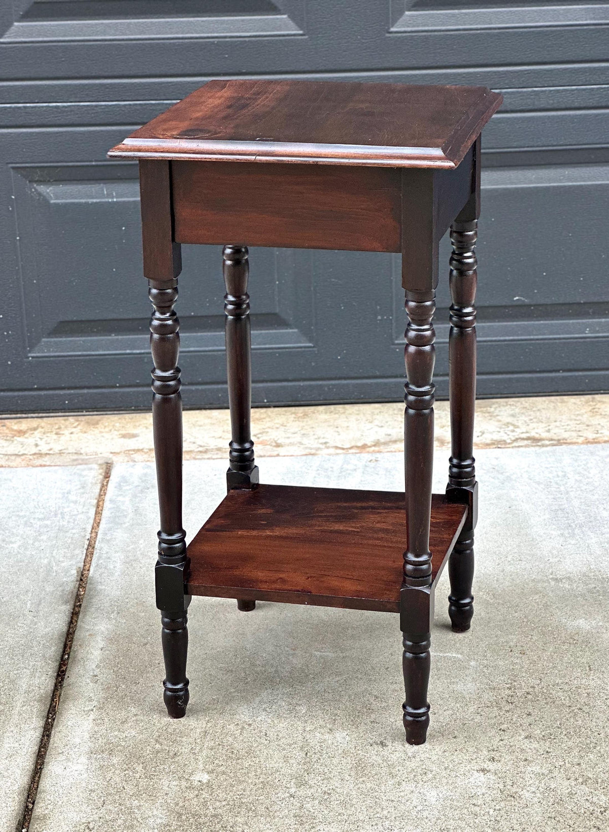 Antique Early 20th C Dark Wood Turned Leg Side Table with Drawer 14.75" Wide
