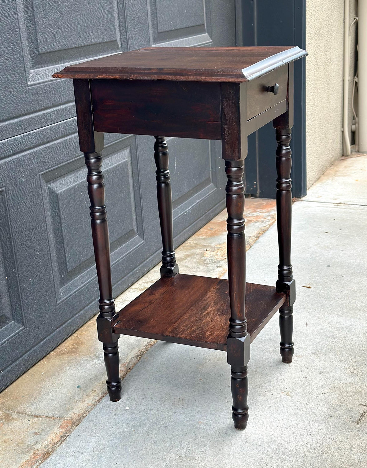 Antique Early 20th C Dark Wood Turned Leg Side Table with Drawer 14.75" Wide
