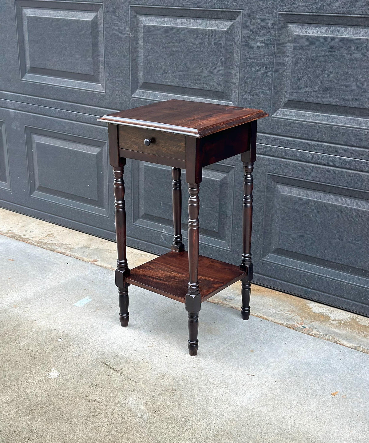 Antique Early 20th C Dark Wood Turned Leg Side Table with Drawer 14.75" Wide