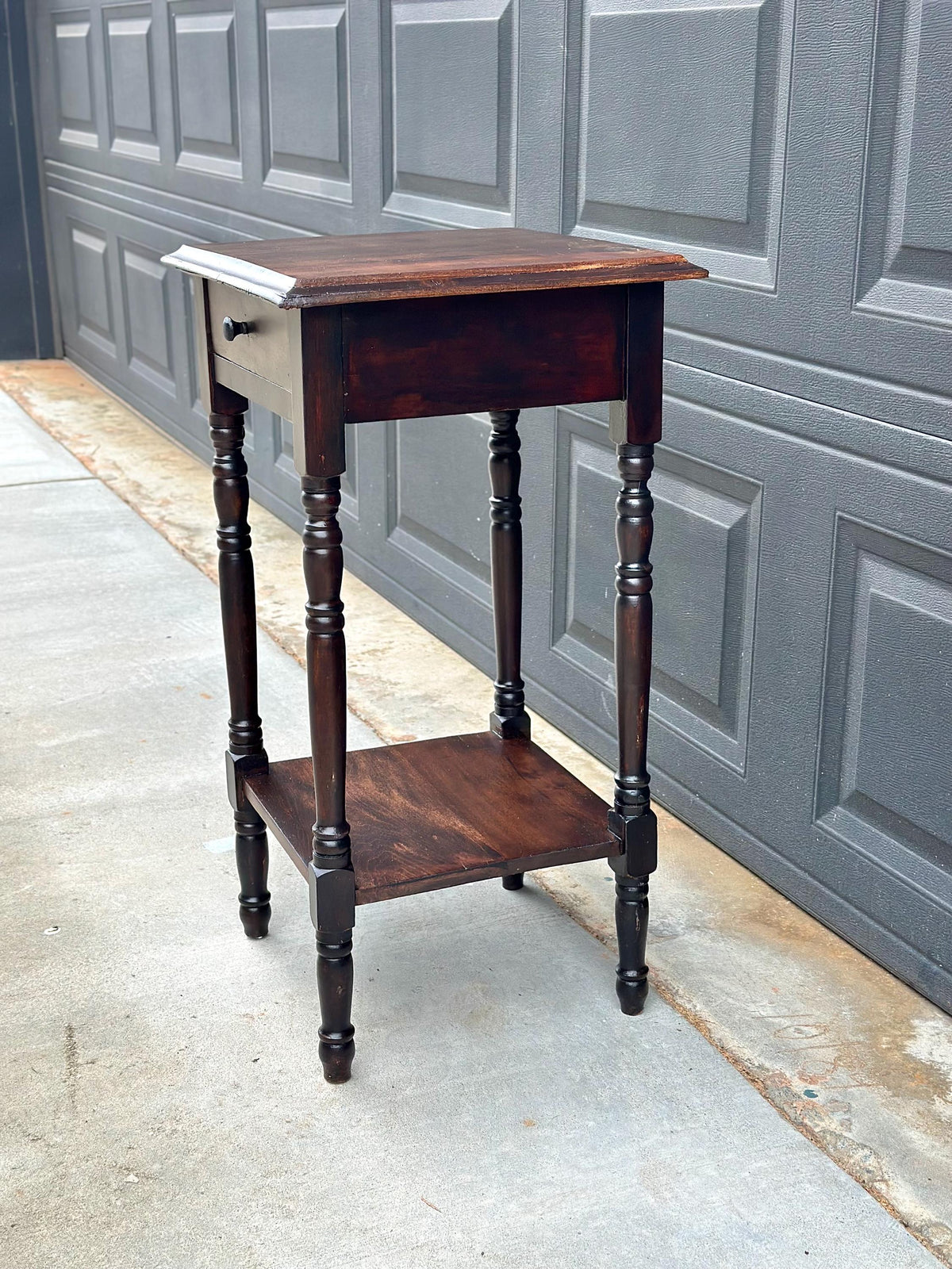 Antique Early 20th C Dark Wood Turned Leg Side Table with Drawer 14.75" Wide