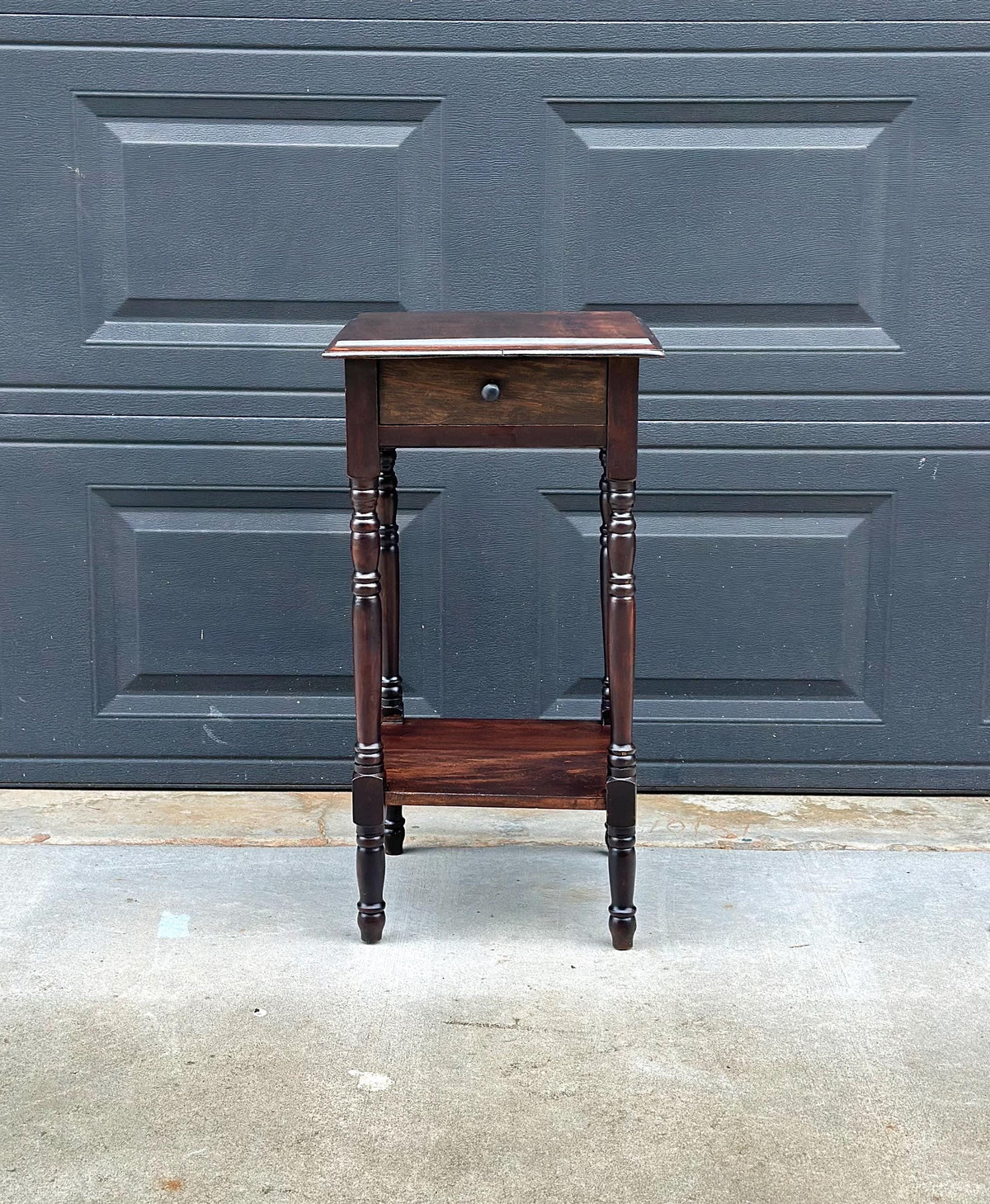 Antique Early 20th C Dark Wood Turned Leg Side Table with Drawer 14.75" Wide