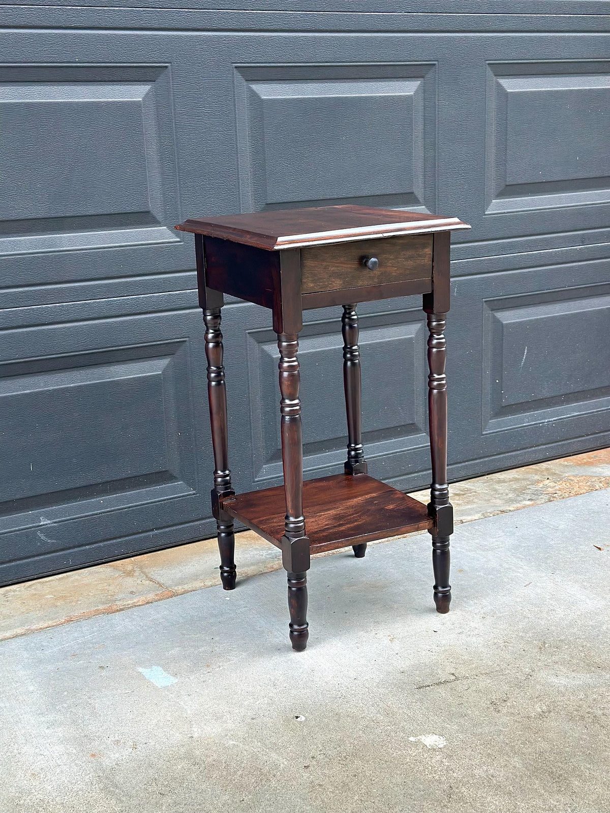 Antique Early 20th C Dark Wood Turned Leg Side Table with Drawer 14.75" Wide