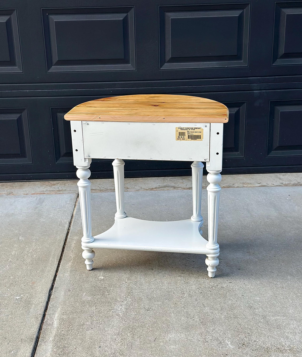 Vintage Oak Tabletop White Base Demilune Single Drawer Two Tier Accent Table 24" Wide