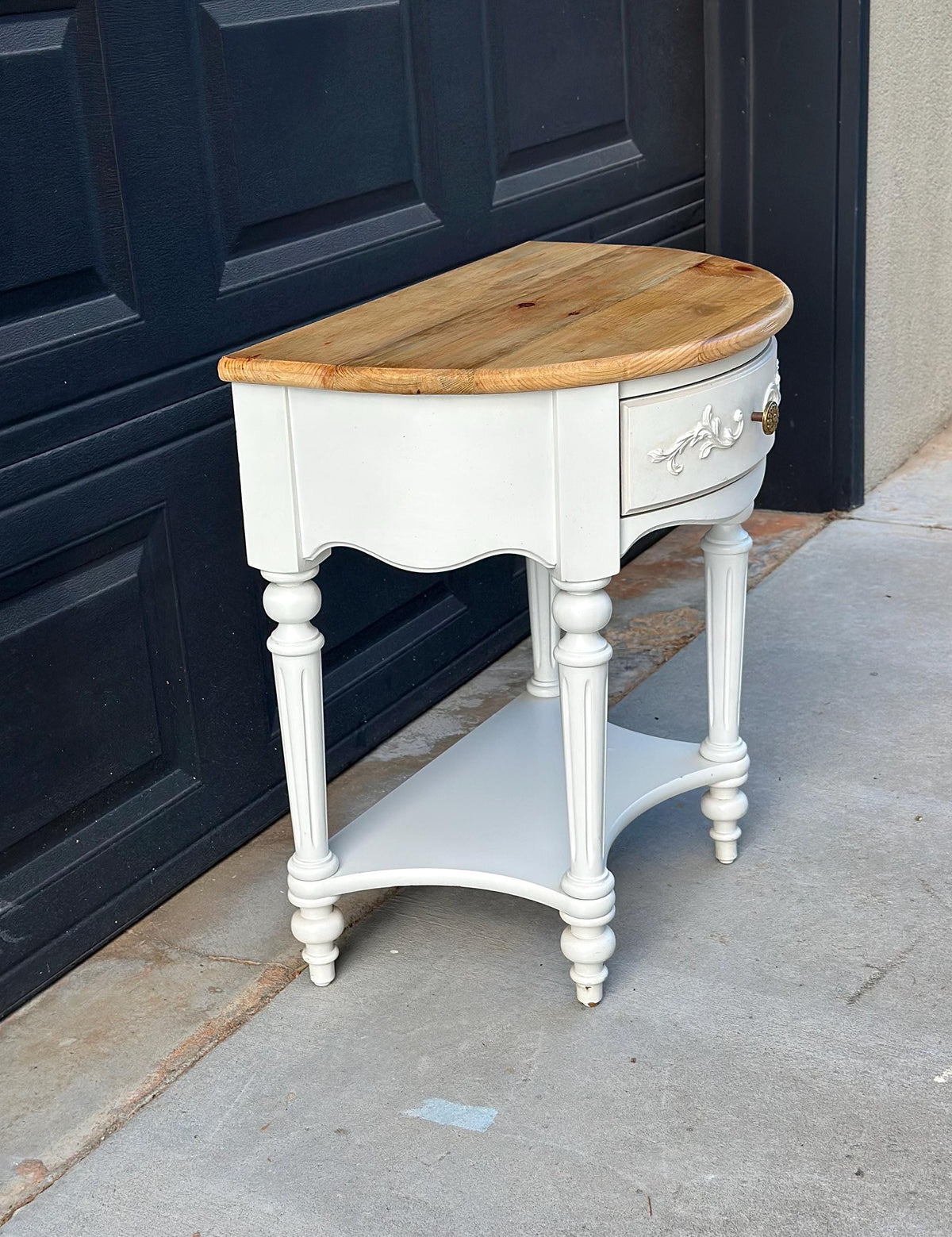 Vintage Oak Tabletop White Base Demilune Single Drawer Two Tier Accent Table 24" Wide