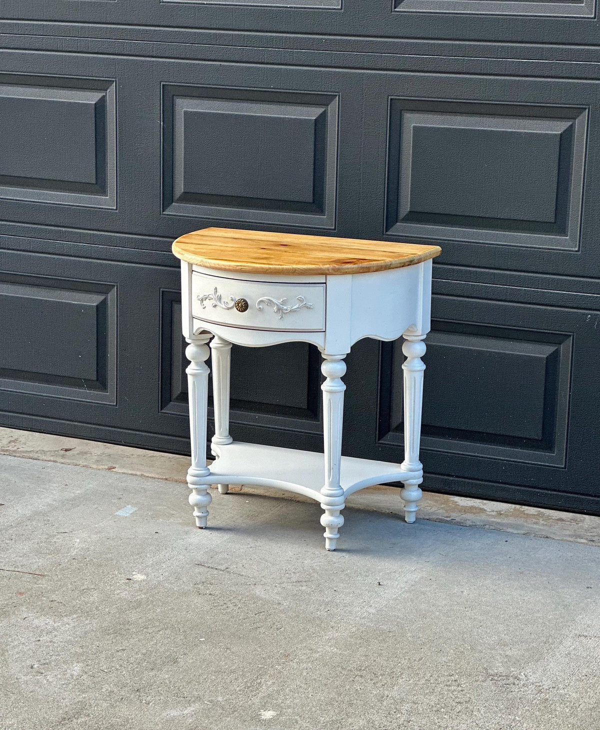 Vintage Oak Tabletop White Base Demilune Single Drawer Two Tier Accent Table 24" Wide