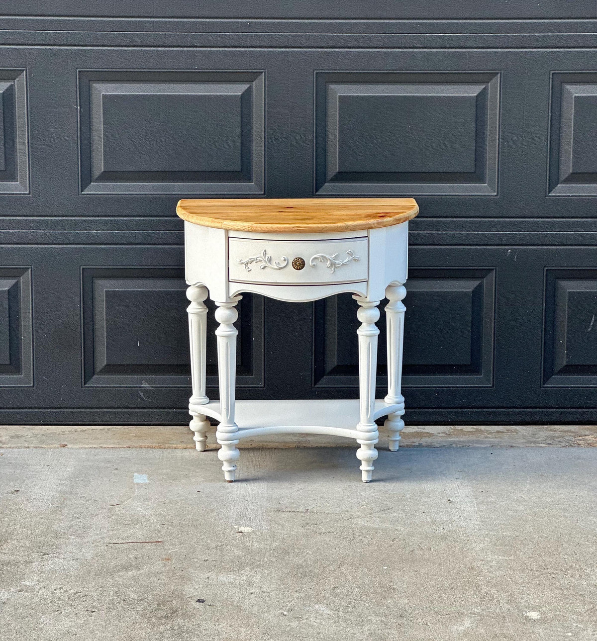 Vintage Oak Tabletop White Base Demilune Single Drawer Two Tier Accent Table 24" Wide