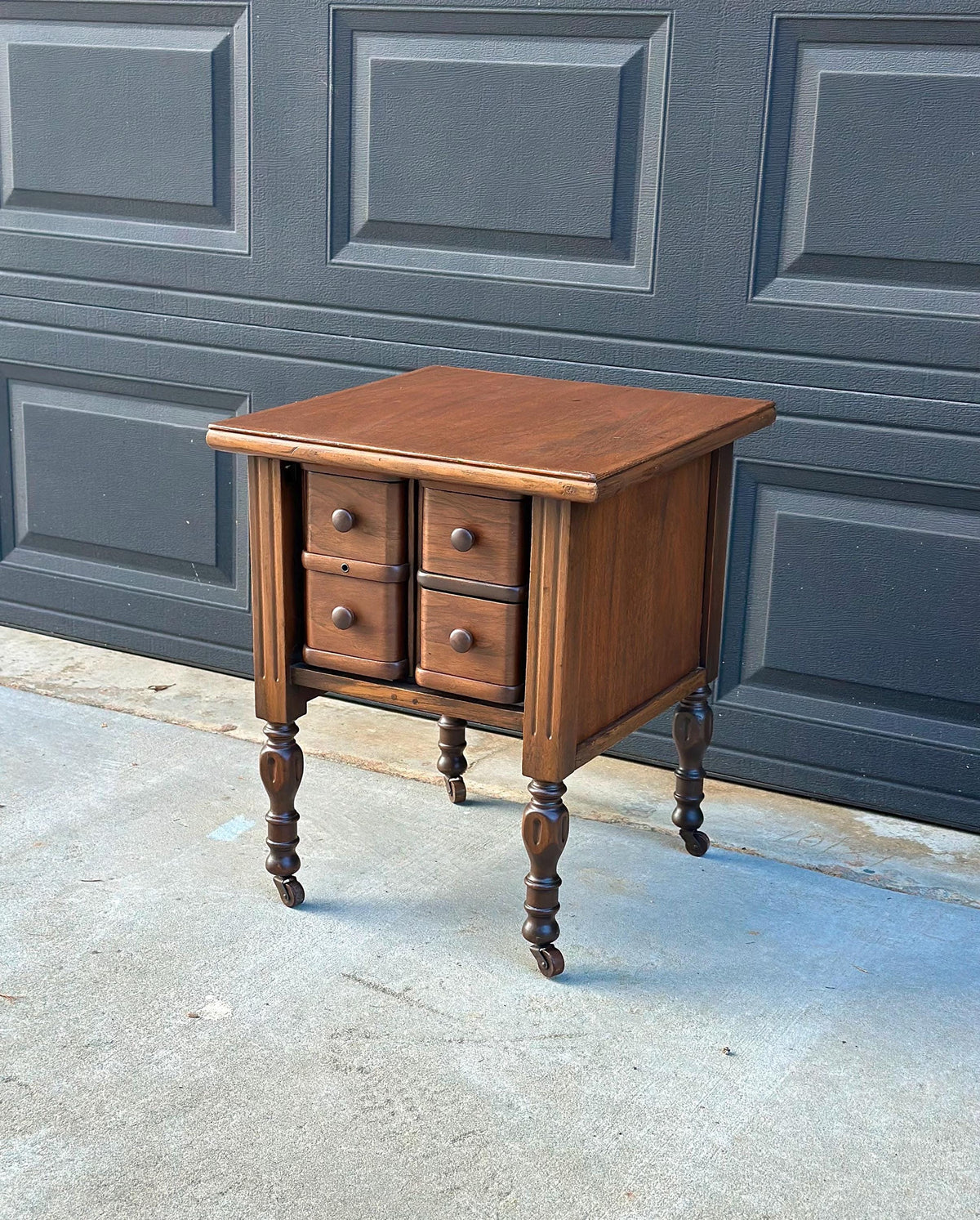 Antique Early 20th C Four Drawer Petite Walnut Wood Chest on Casters 18" Wide