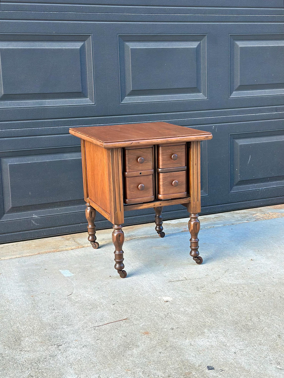 Antique Early 20th C Four Drawer Petite Walnut Wood Chest on Casters 18" Wide