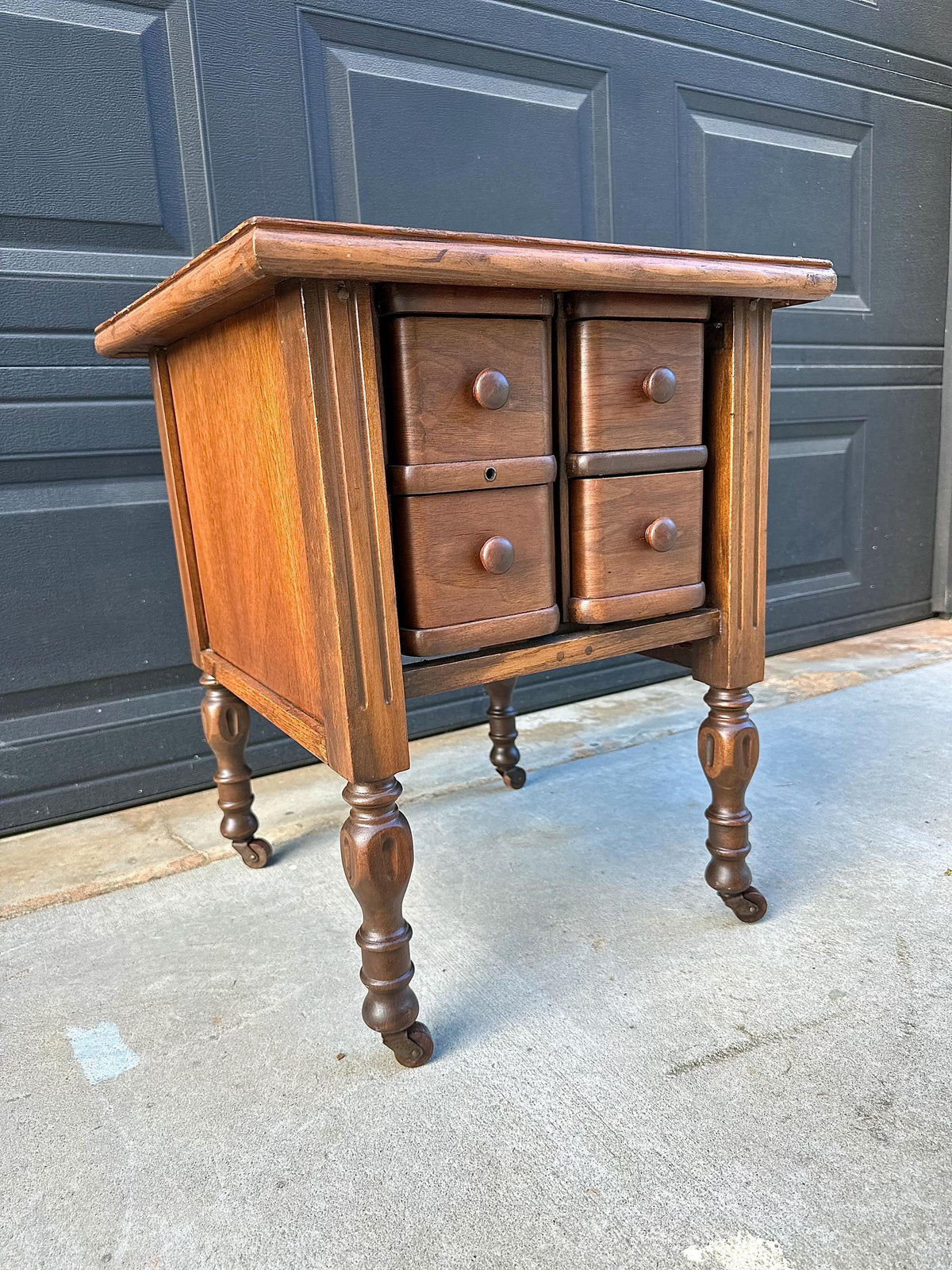 Antique Early 20th C Four Drawer Petite Walnut Wood Chest on Casters 18" Wide