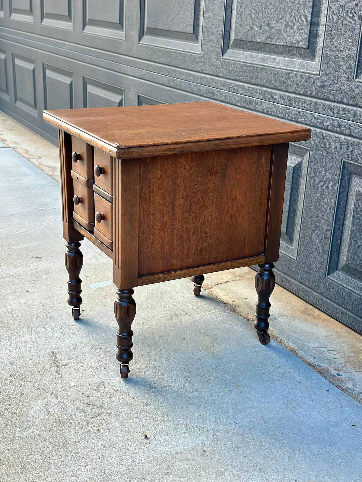 Antique Early 20th C Four Drawer Petite Walnut Wood Chest on Casters 18" Wide