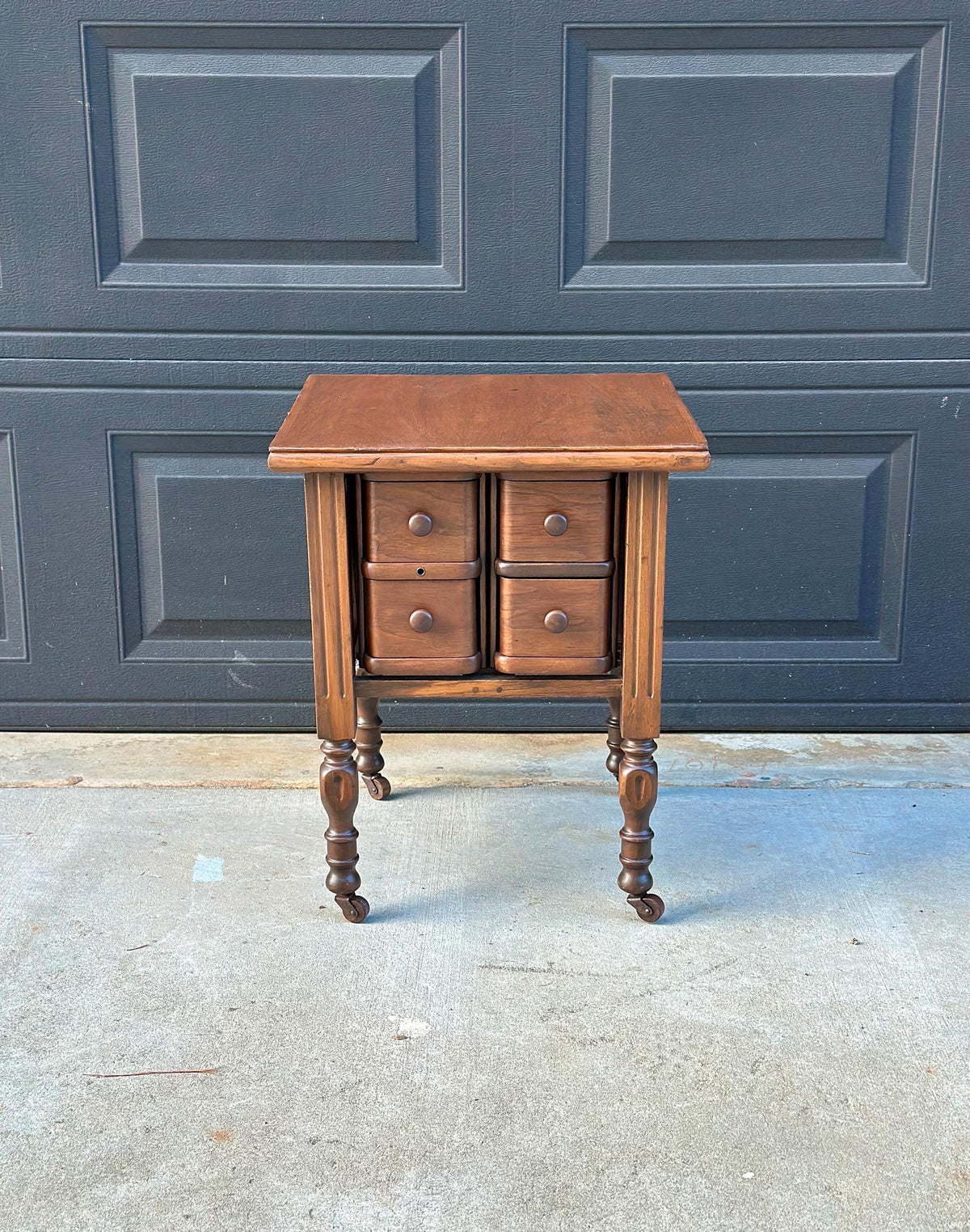Antique Early 20th C Four Drawer Petite Walnut Wood Chest on Casters 18" Wide