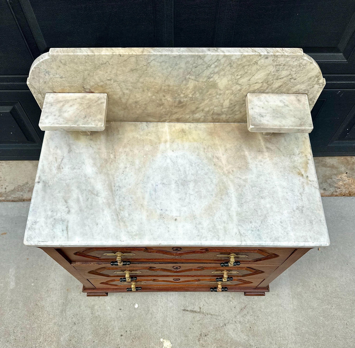 Antique Mid 19th C Bookmatched Burl Walnut Three Drawer Chest with Marble Backsplash & Candle Shelves on Casters 30" Wide