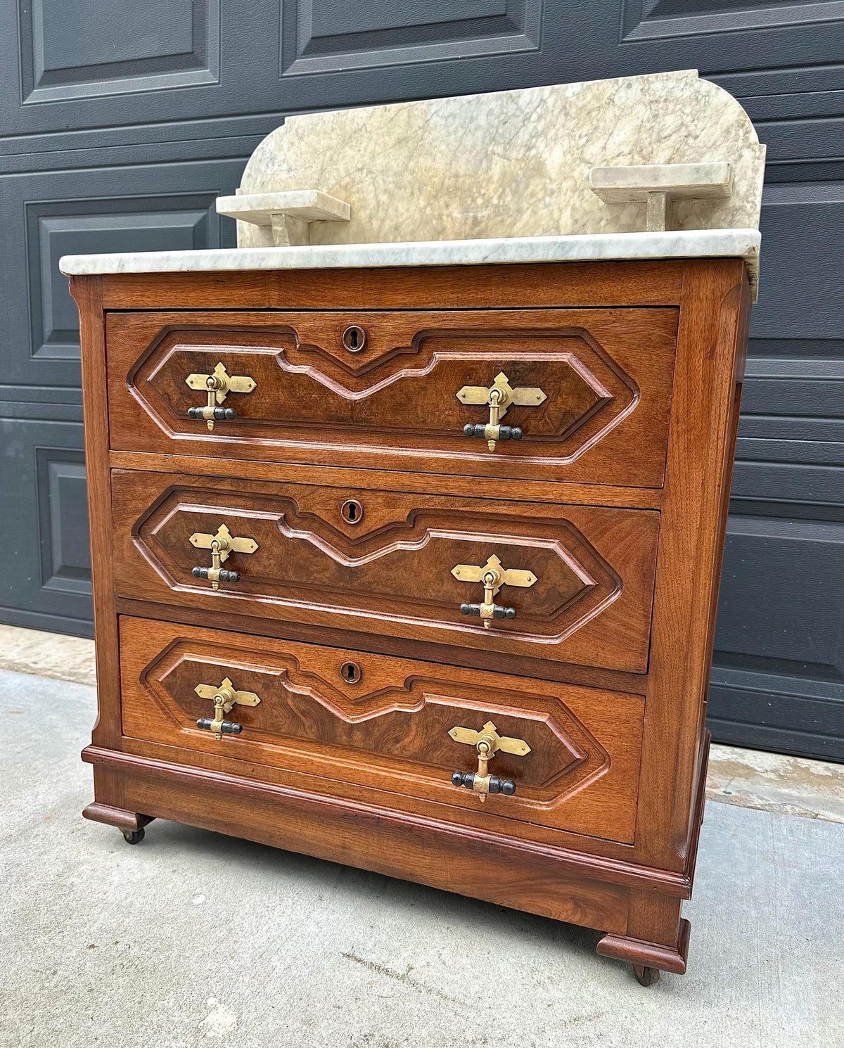 Antique Mid 19th C Bookmatched Burl Walnut Three Drawer Chest with Marble Backsplash & Candle Shelves on Casters 30" Wide