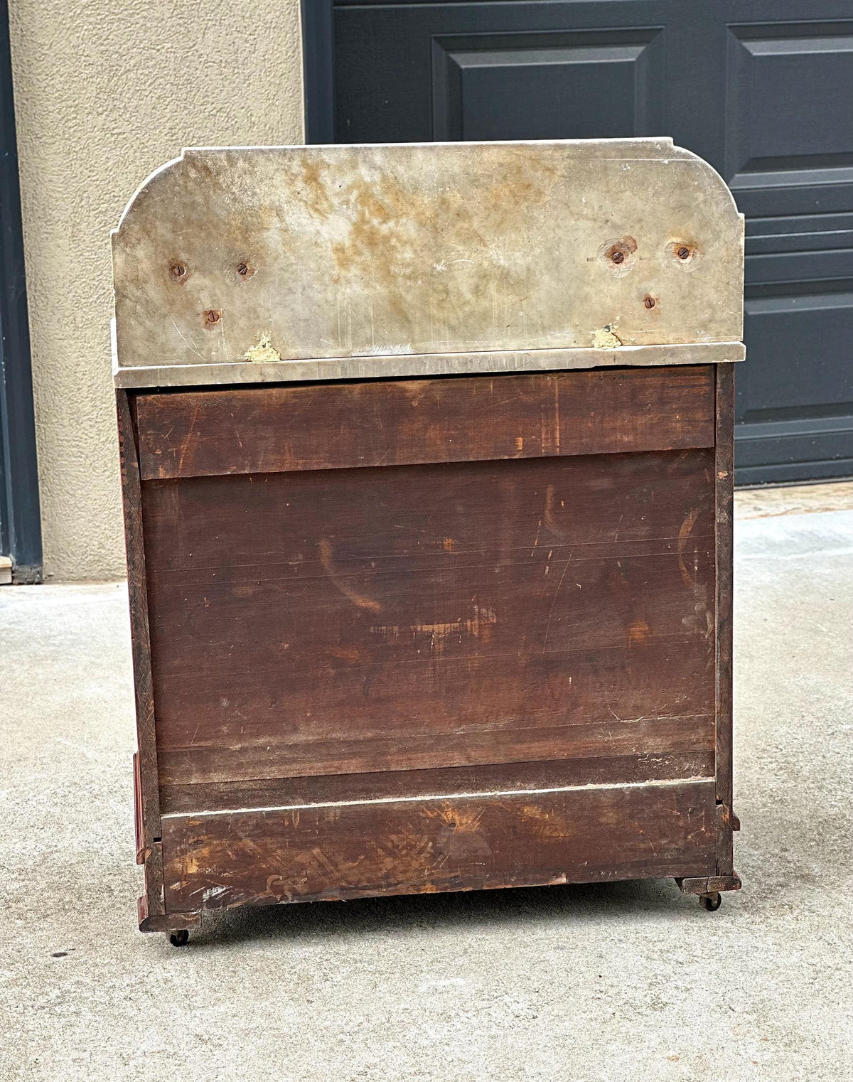 Antique Mid 19th C Bookmatched Burl Walnut Three Drawer Chest with Marble Backsplash & Candle Shelves on Casters 30" Wide