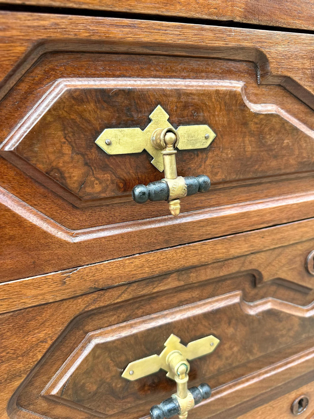 Antique Mid 19th C Bookmatched Burl Walnut Three Drawer Chest with Marble Backsplash & Candle Shelves on Casters 30" Wide