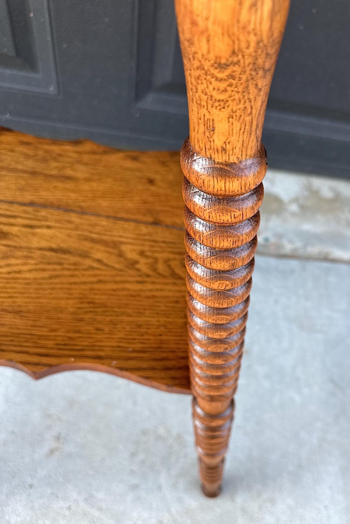 Antique Late 19th C Scalloped Oak Turned Spool Leg Two Tier Table 20" Wide