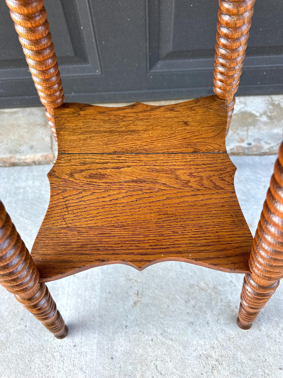 Antique Late 19th C Scalloped Oak Turned Spool Leg Two Tier Table 20" Wide