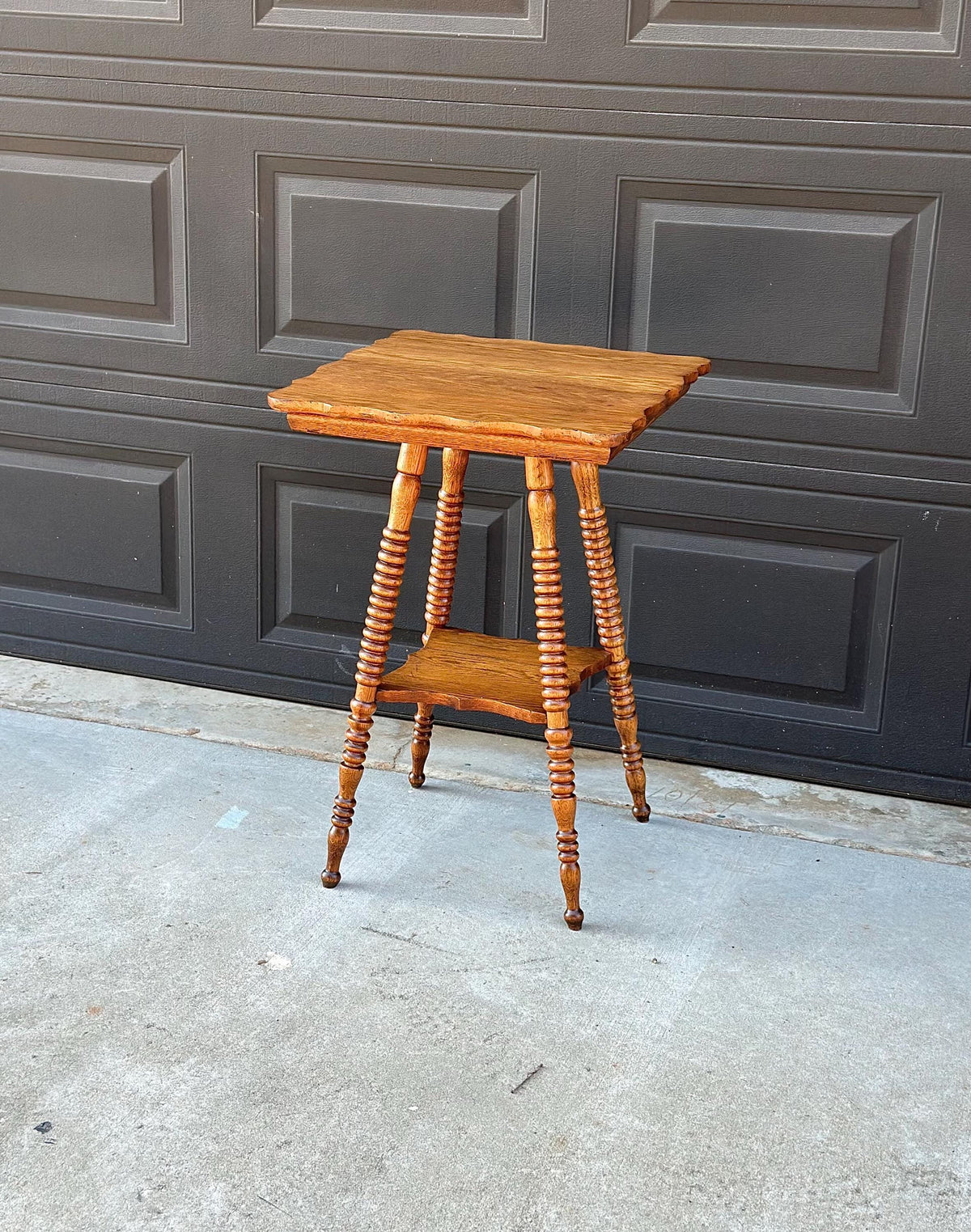 Antique Late 19th C Scalloped Oak Turned Spool Leg Two Tier Table 20" Wide