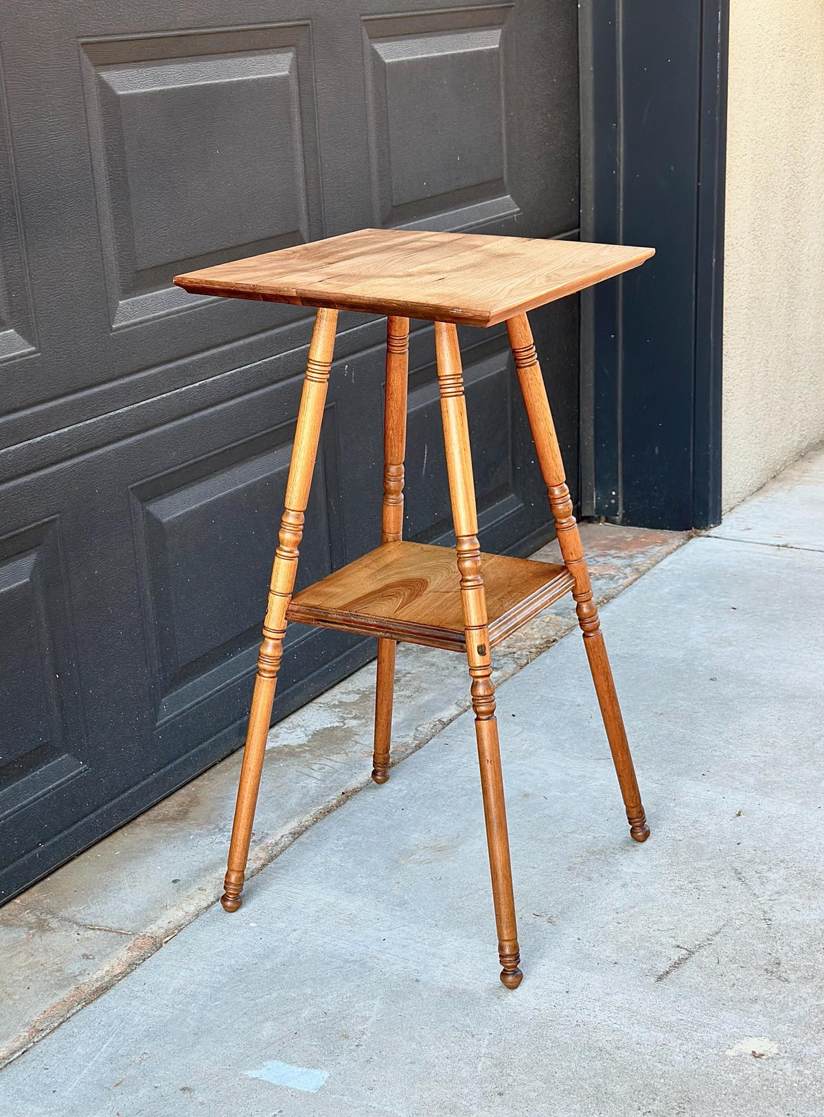 Antique Late 19th C Oak Turned Leg Two Tier Table 15" Wide