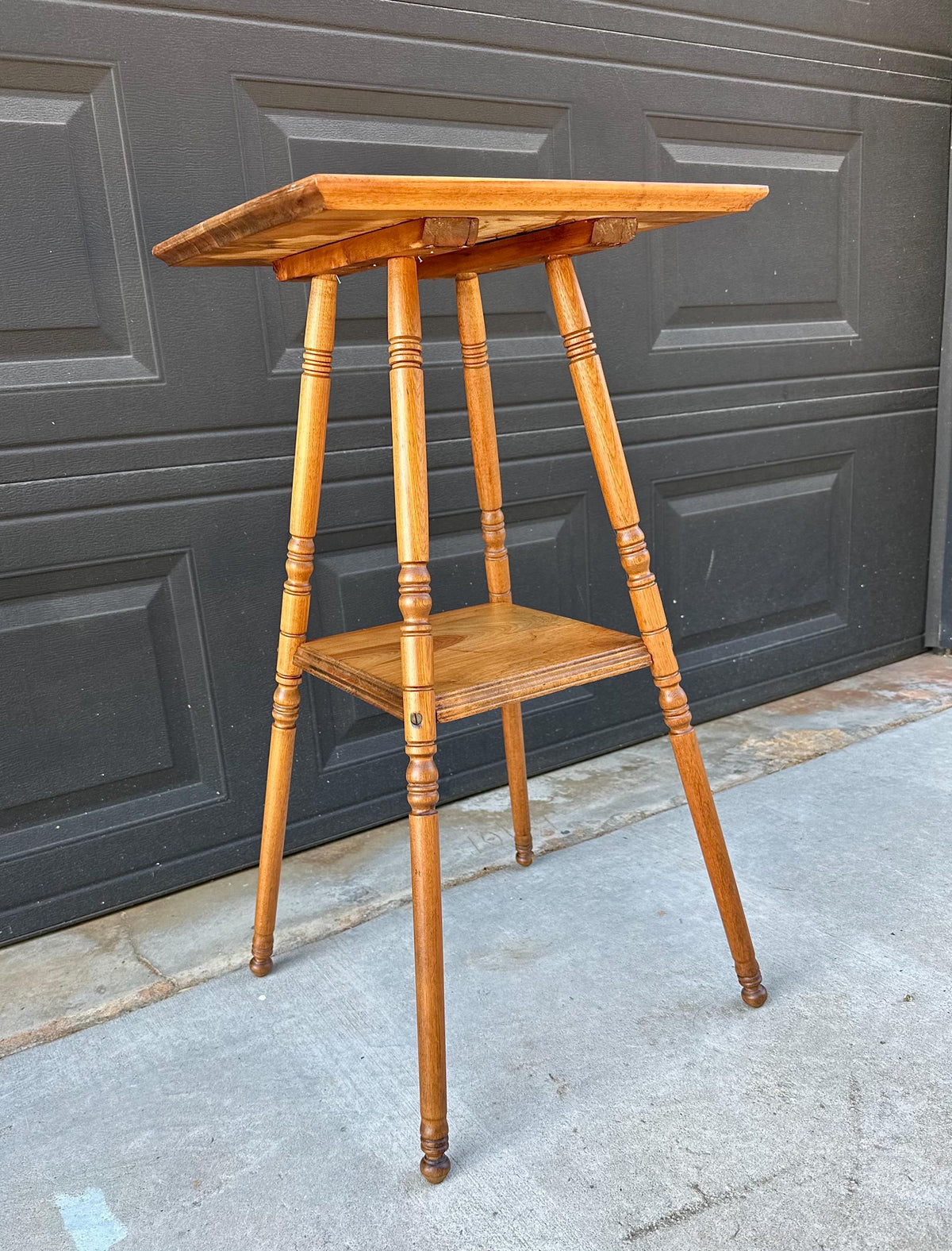 Antique Late 19th C Oak Turned Leg Two Tier Table 15" Wide