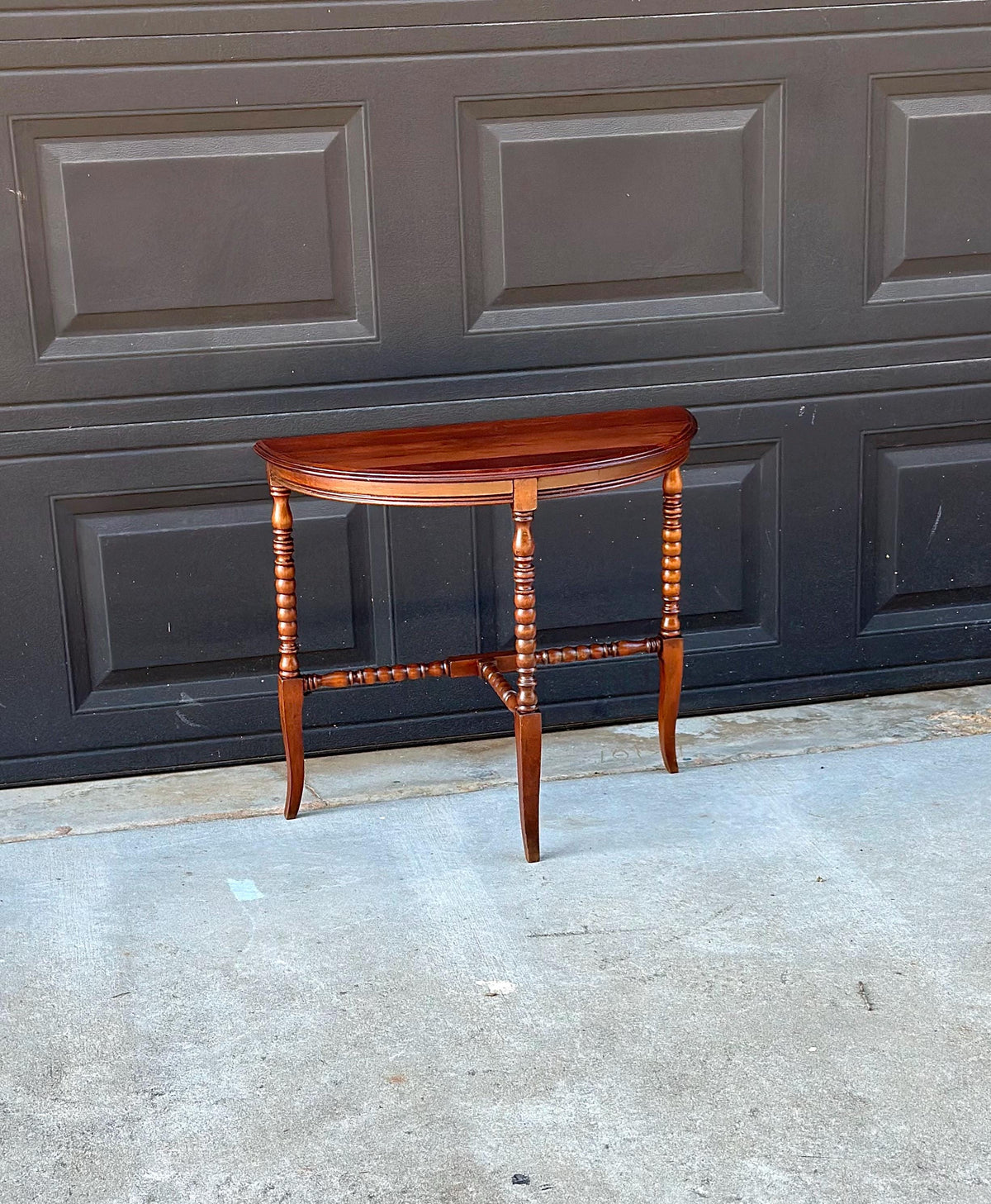 Antique Late 19th C Turned Bobbin Leg Mahogany Demilune Half Moon Table 25" Wide