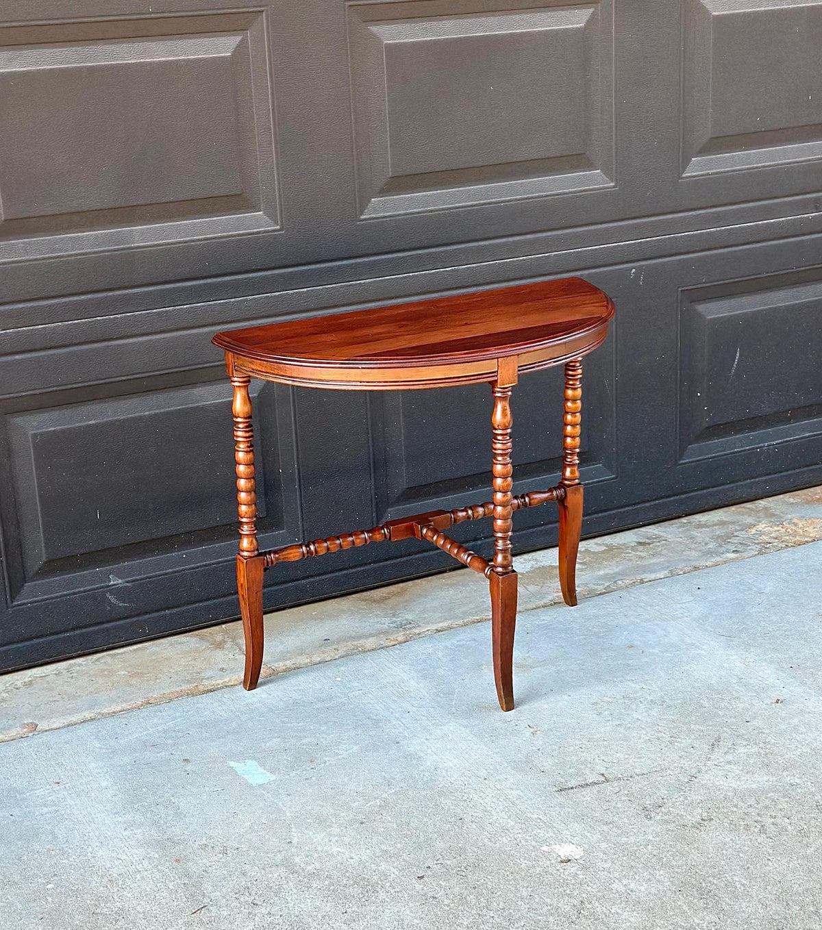 Antique Late 19th C Turned Bobbin Leg Mahogany Demilune Half Moon Table 25" Wide