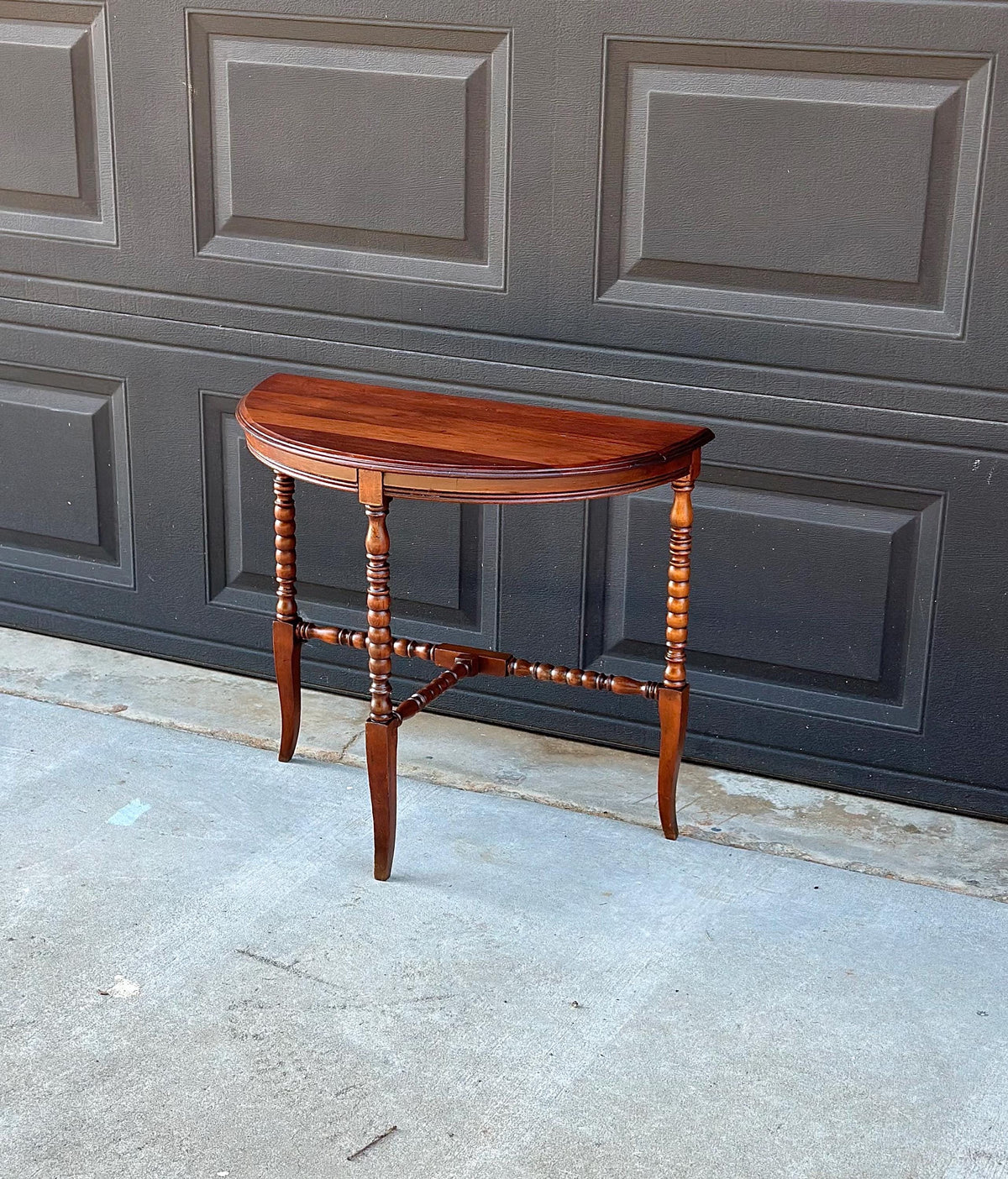 Antique Late 19th C Turned Bobbin Leg Mahogany Demilune Half Moon Table 25" Wide
