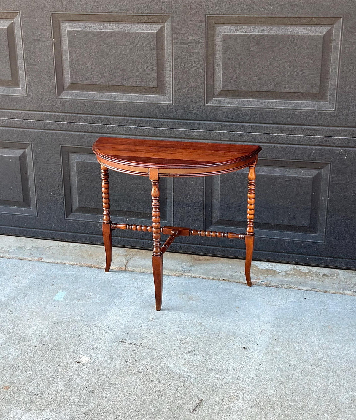 Antique Late 19th C Turned Bobbin Leg Mahogany Demilune Half Moon Table 25" Wide