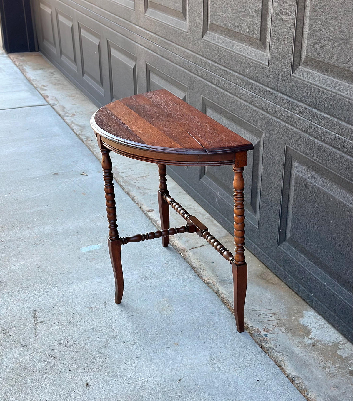 Antique Late 19th C Turned Bobbin Leg Mahogany Demilune Half Moon Table 25" Wide