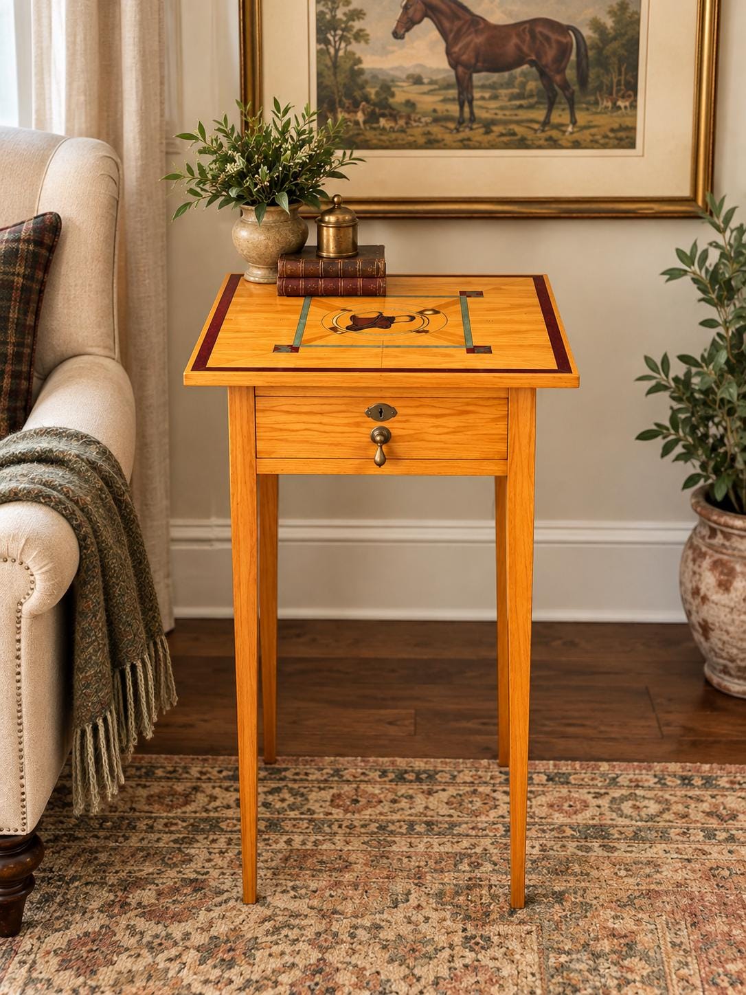 Vintage Mid 20th C Saddle & Hunting Horn Accent Side Table with Skeleton Key 18" Wide
