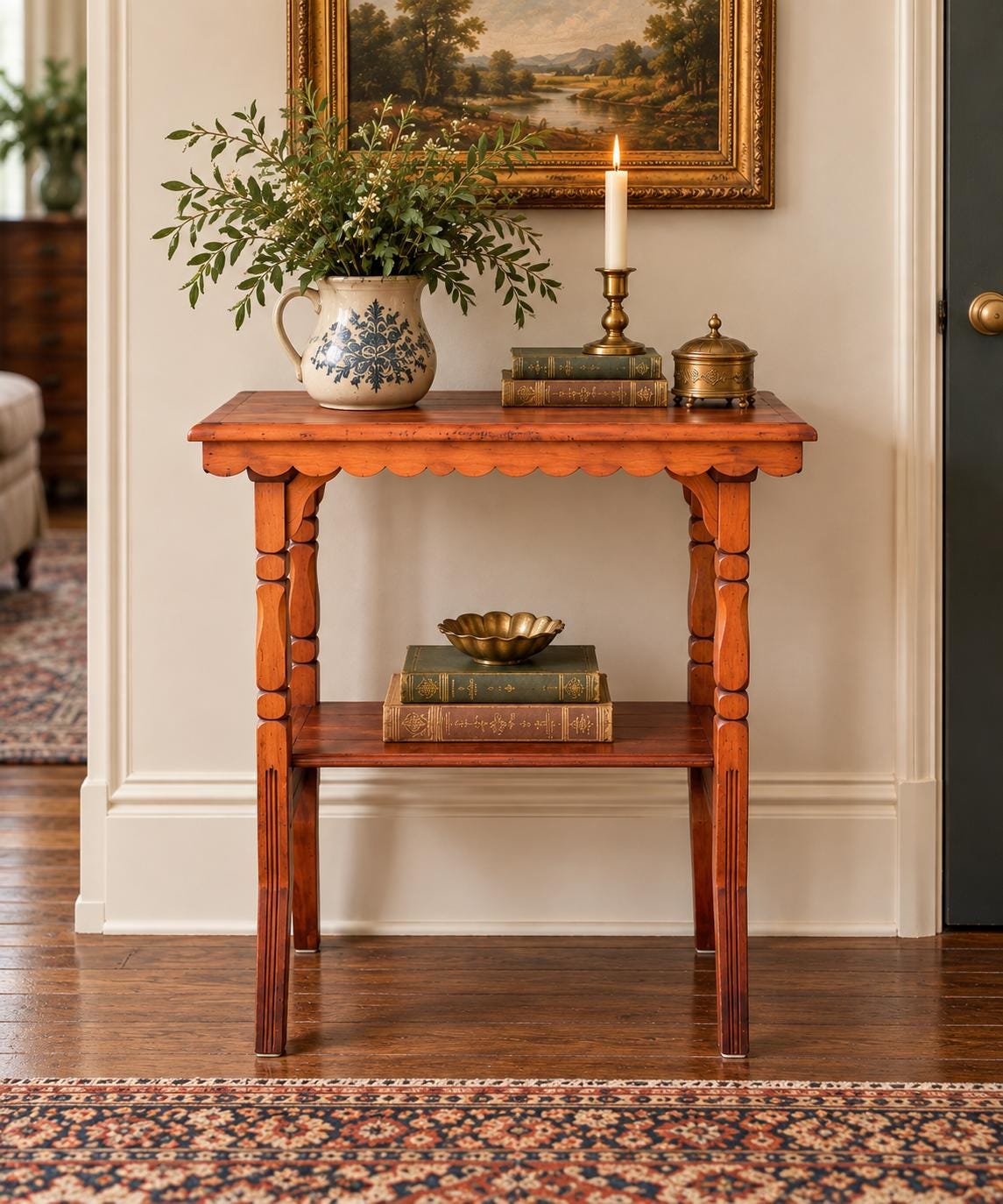 Antique Late 19th C Maple Turned Leg Two Tier Hall Accent Table 25" Wide