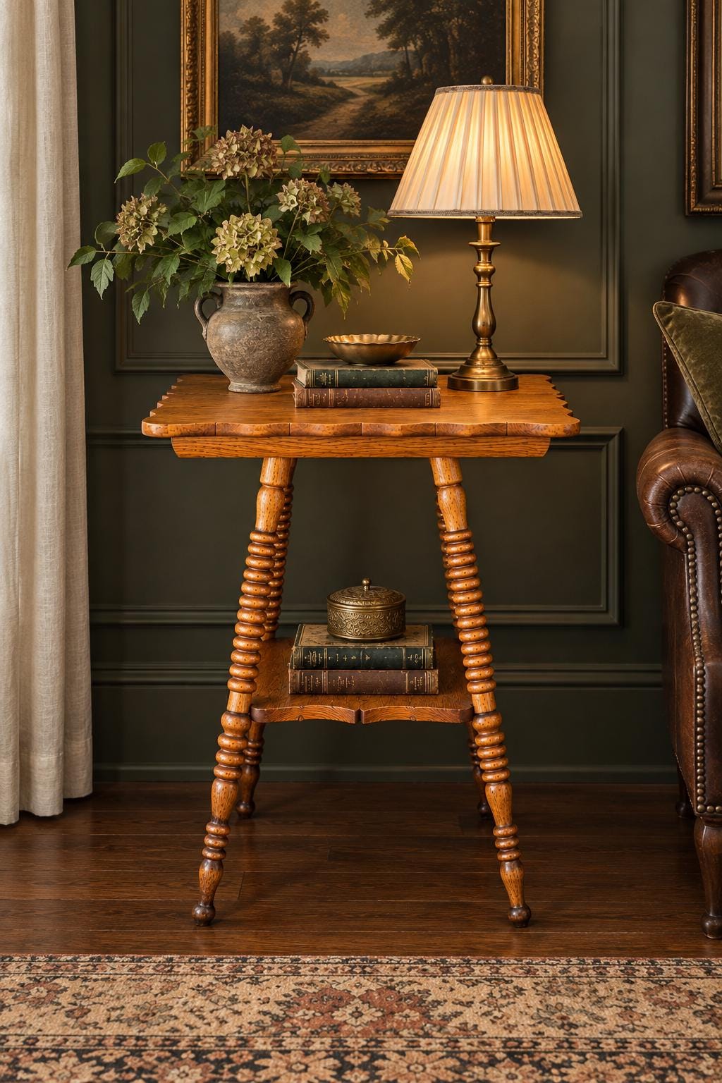 Antique Late 19th C Scalloped Oak Turned Spool Leg Two Tier Table 20" Wide