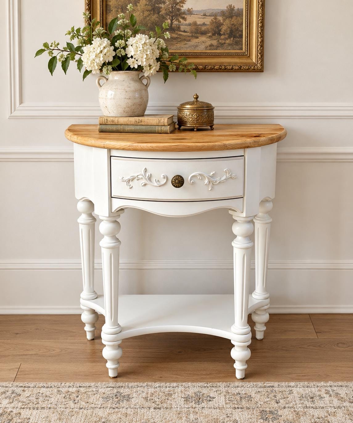 Vintage Oak Tabletop White Base Demilune Single Drawer Two Tier Accent Table 24" Wide