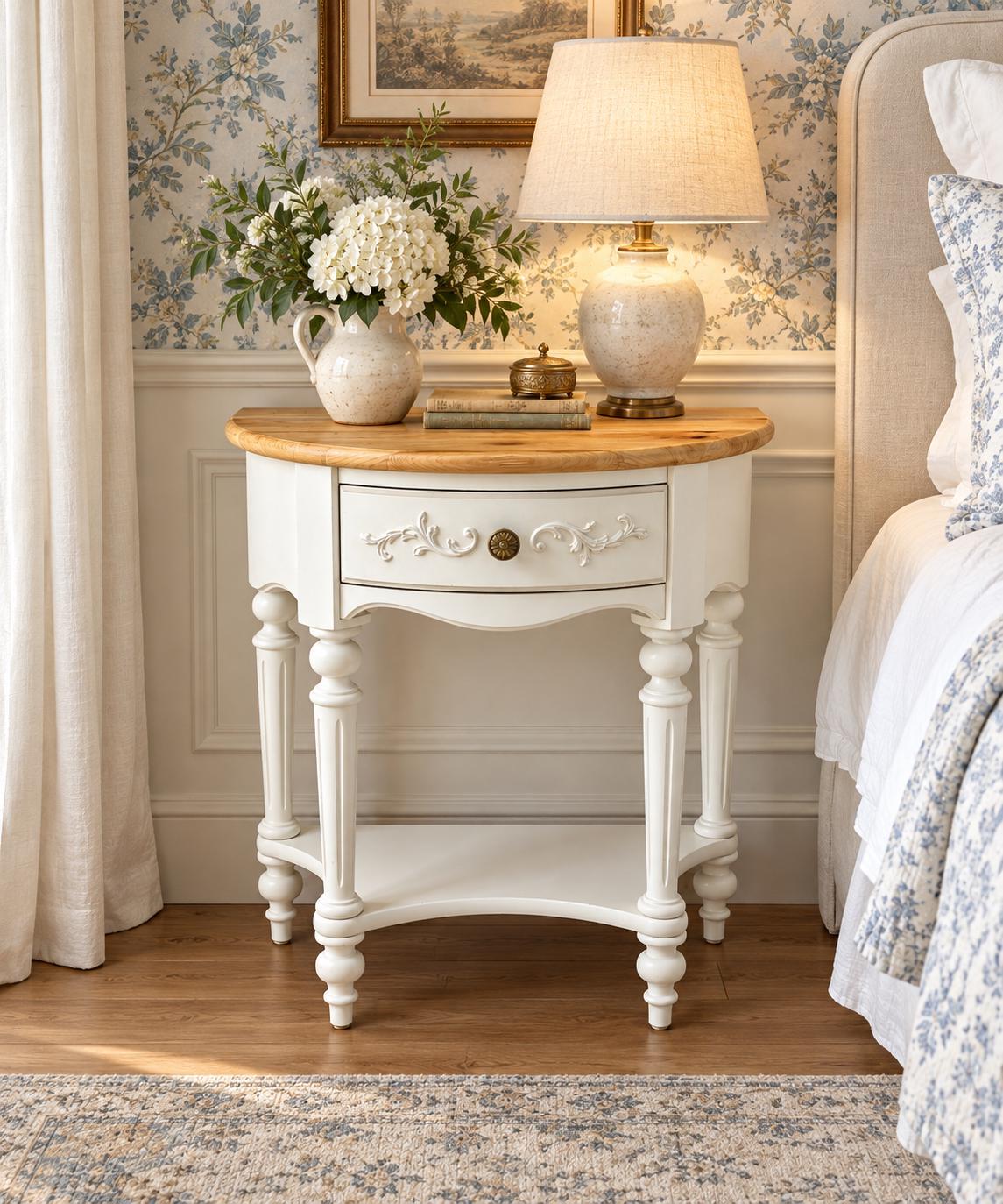 Vintage Oak Tabletop White Base Demilune Single Drawer Two Tier Accent Table 24" Wide