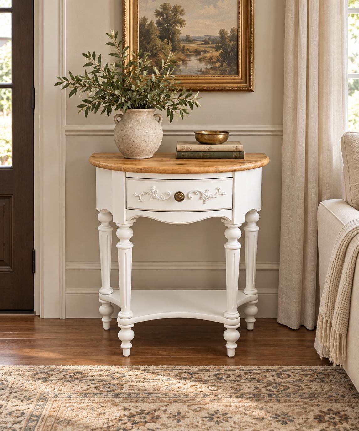 Vintage Oak Tabletop White Base Demilune Single Drawer Two Tier Accent Table 24" Wide