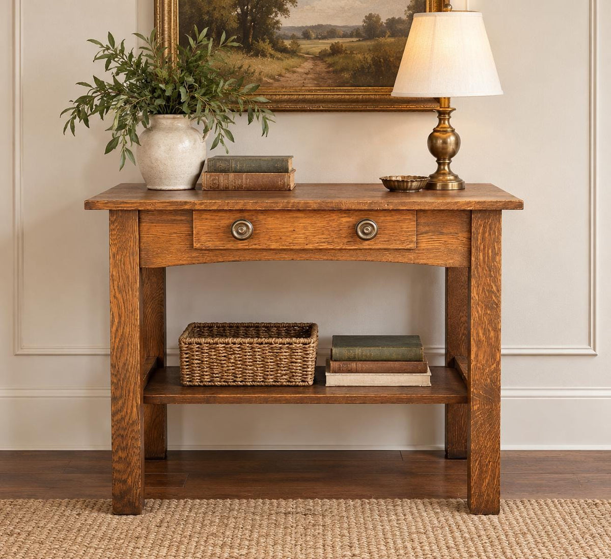 Antique Early 20th C Tiger Oak Arts and Crafts Accent Library Table 36" Wide