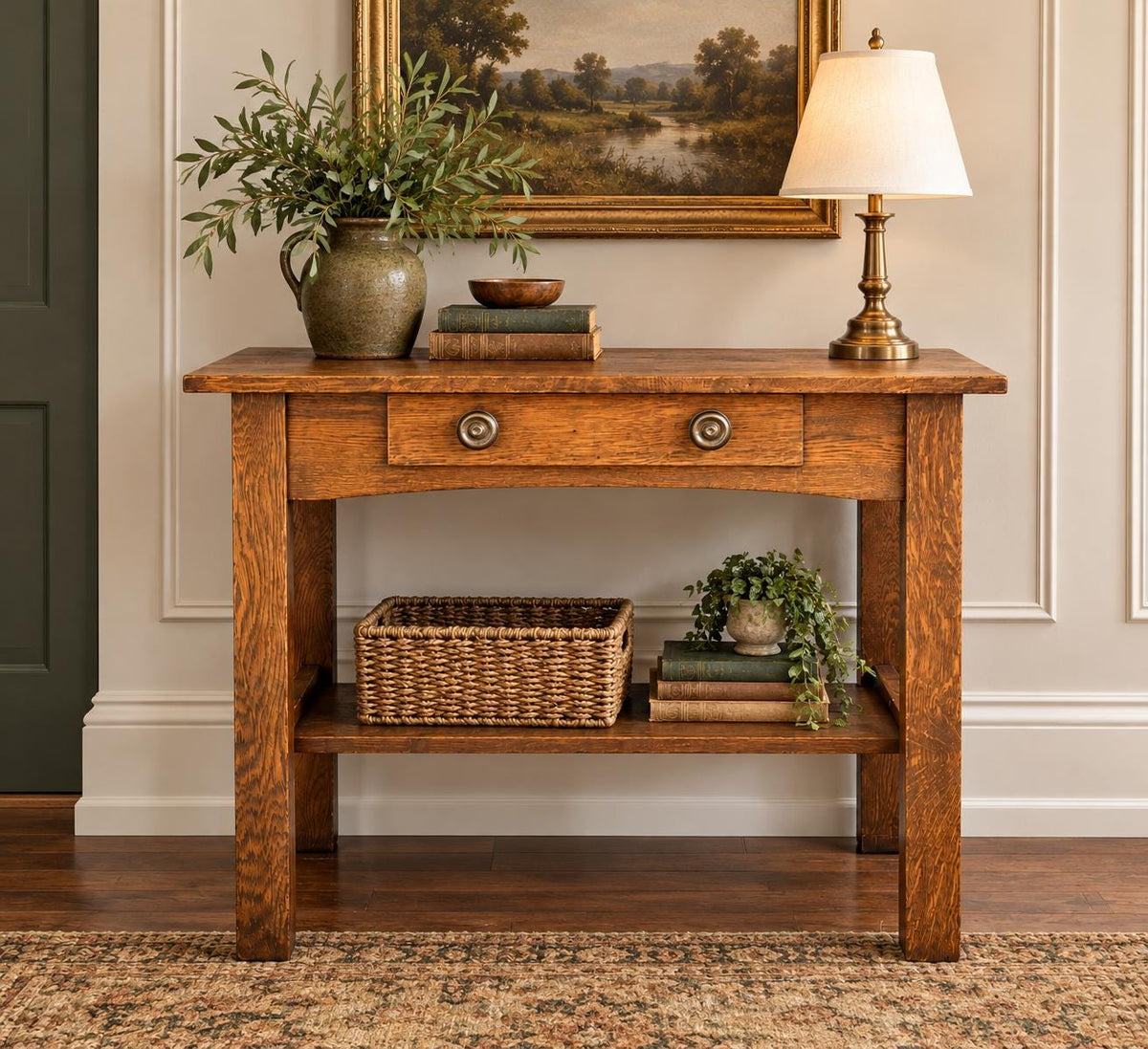 Antique Early 20th C Tiger Oak Arts and Crafts Accent Library Table 36" Wide