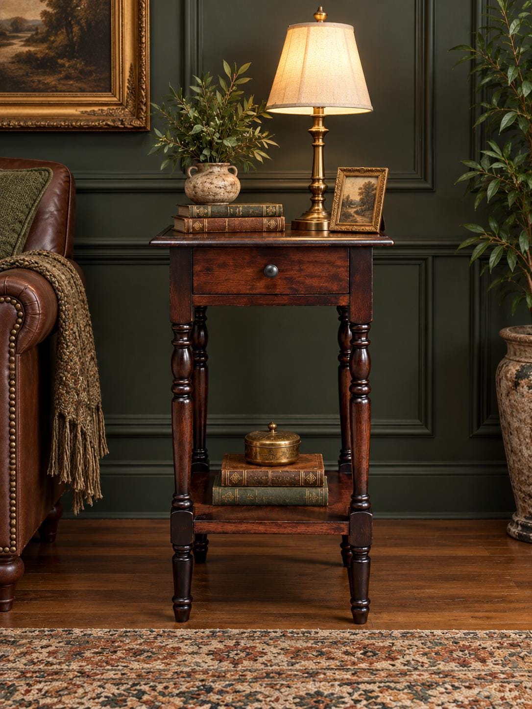 Antique Early 20th C Dark Wood Turned Leg Side Table with Drawer 14.75" Wide