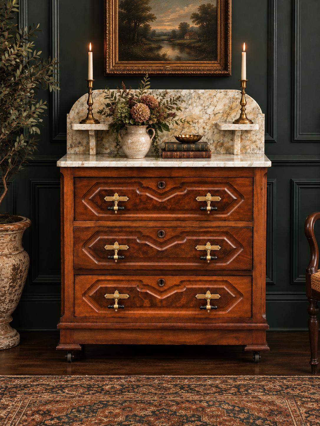 Antique Mid 19th C Bookmatched Burl Walnut Three Drawer Chest with Marble Backsplash & Candle Shelves on Casters 30" Wide