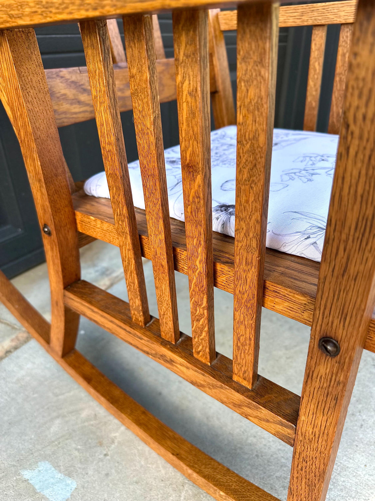 Antique Early 20th C Oak Slat Back Arts & Crafts Upholstered Rocking Chair 24.5" Wide