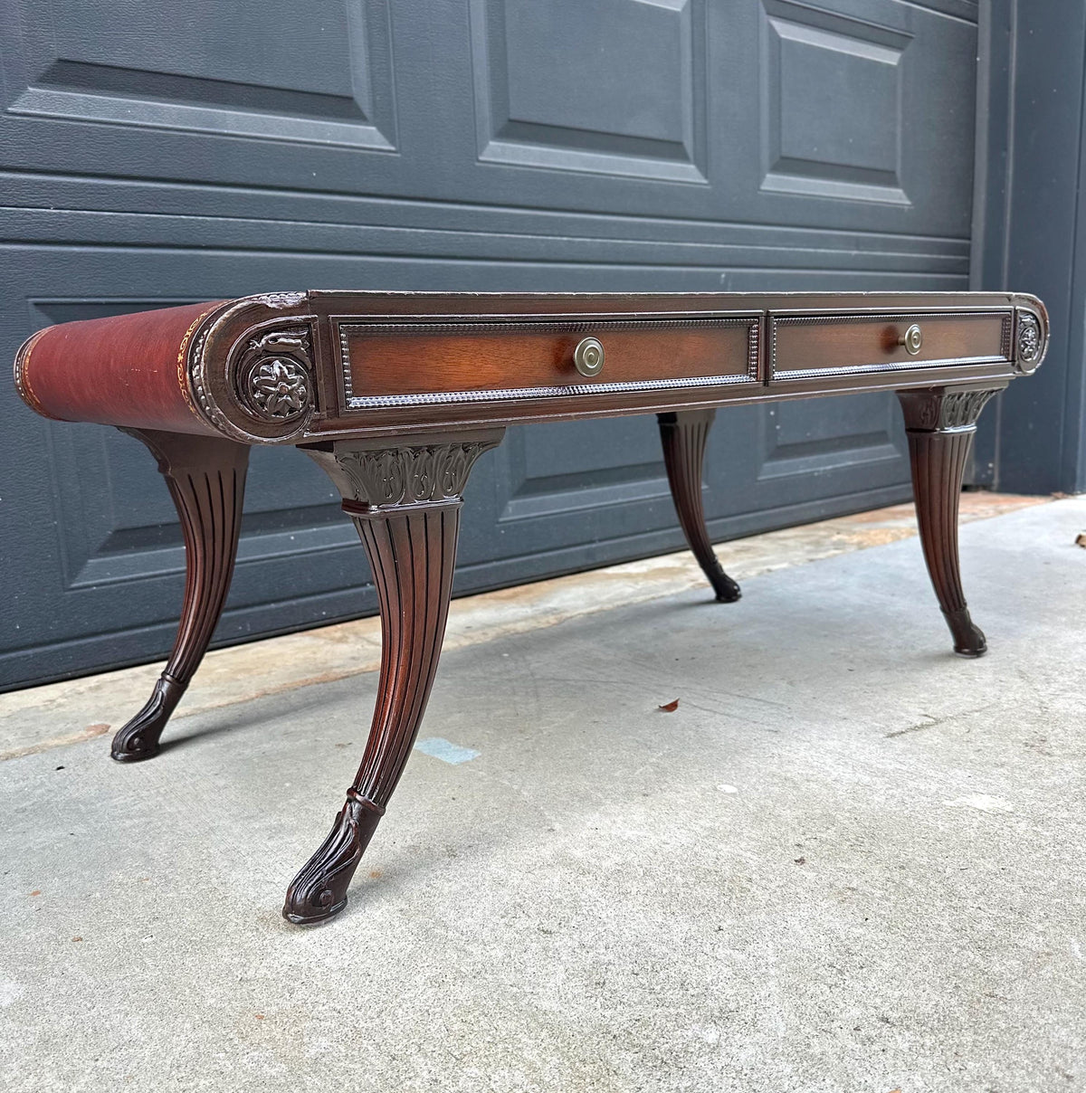 Vintage Mid 20th C Solid Mahogany & Leather Coffee Table with Drawer Storage 37.75" Wide