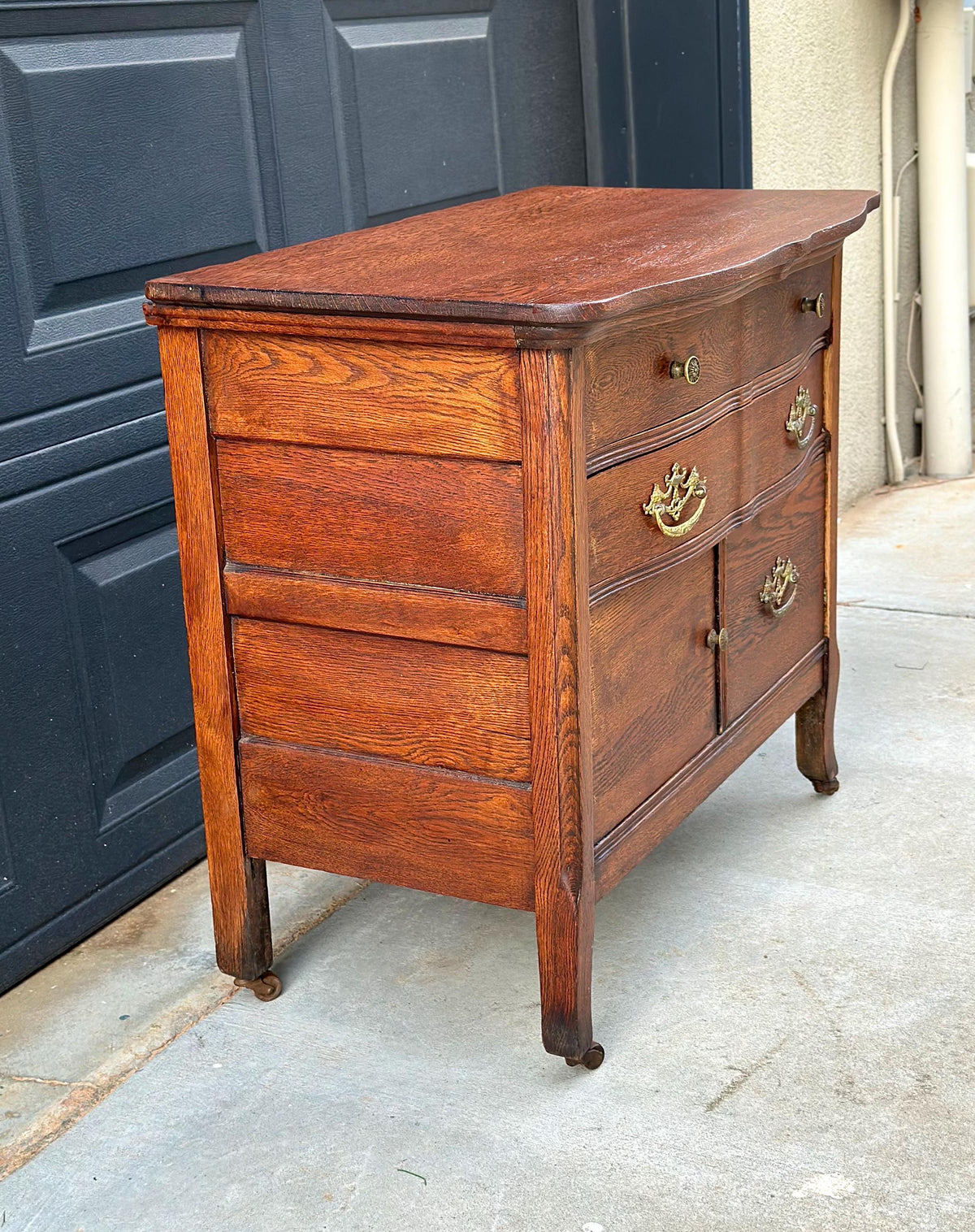 Antique Early 20th C Tiger Oak Chest of Drawers & Cabinet on Casters 32" Wide