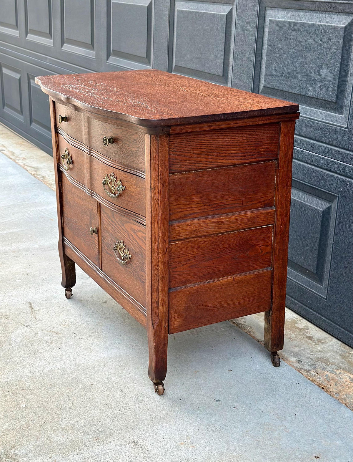 Antique Early 20th C Tiger Oak Chest of Drawers & Cabinet on Casters 32" Wide