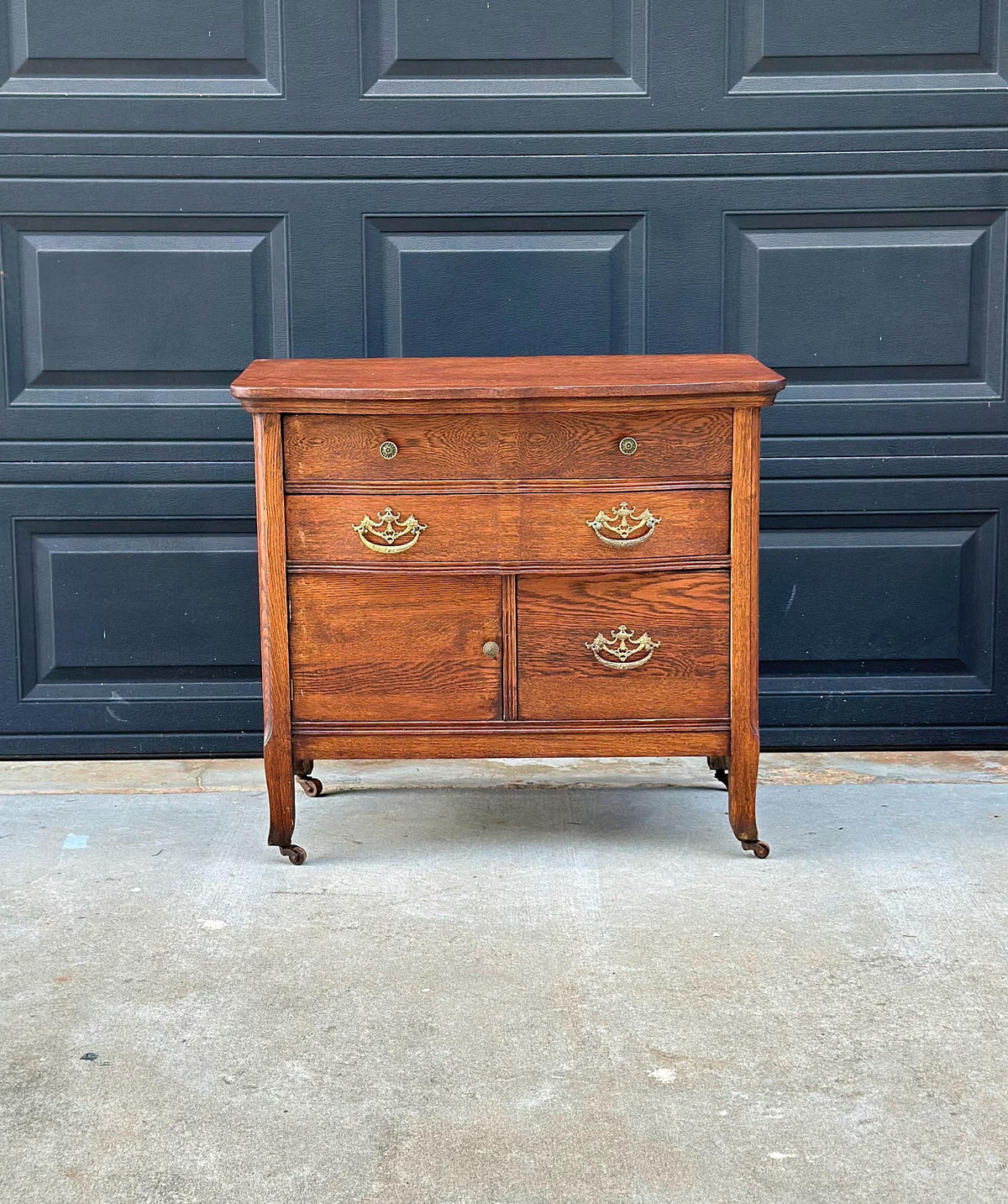 Antique Early 20th C Tiger Oak Chest of Drawers & Cabinet on Casters 32" Wide