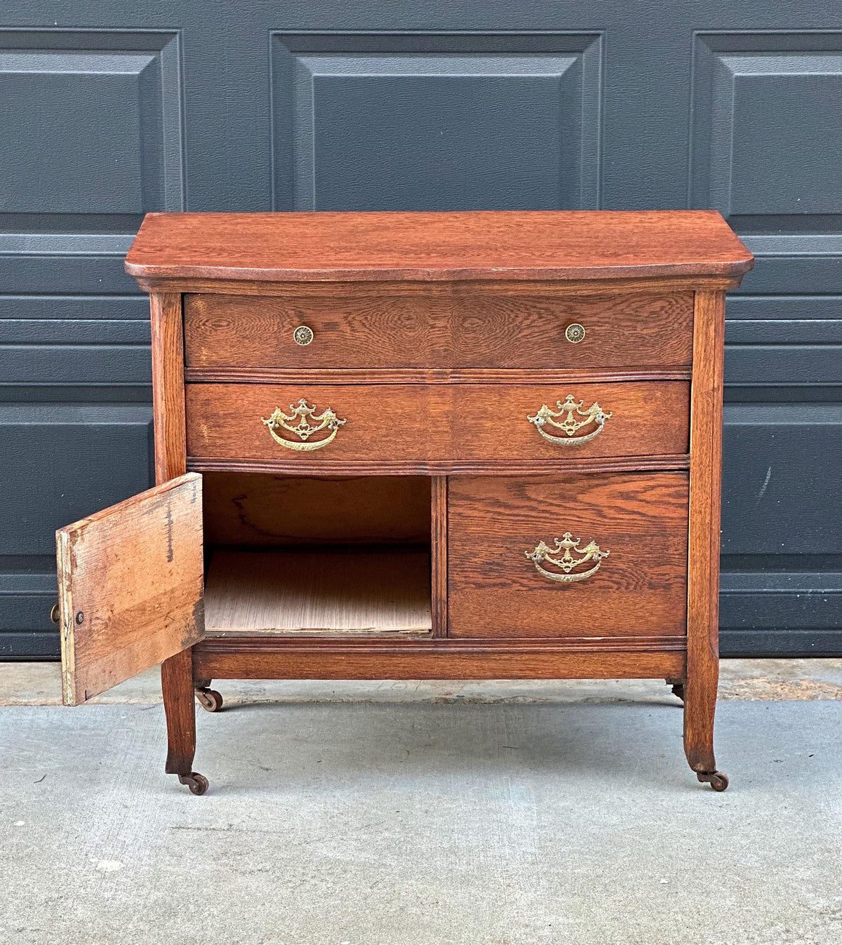 Antique Early 20th C Tiger Oak Chest of Drawers & Cabinet on Casters 32" Wide