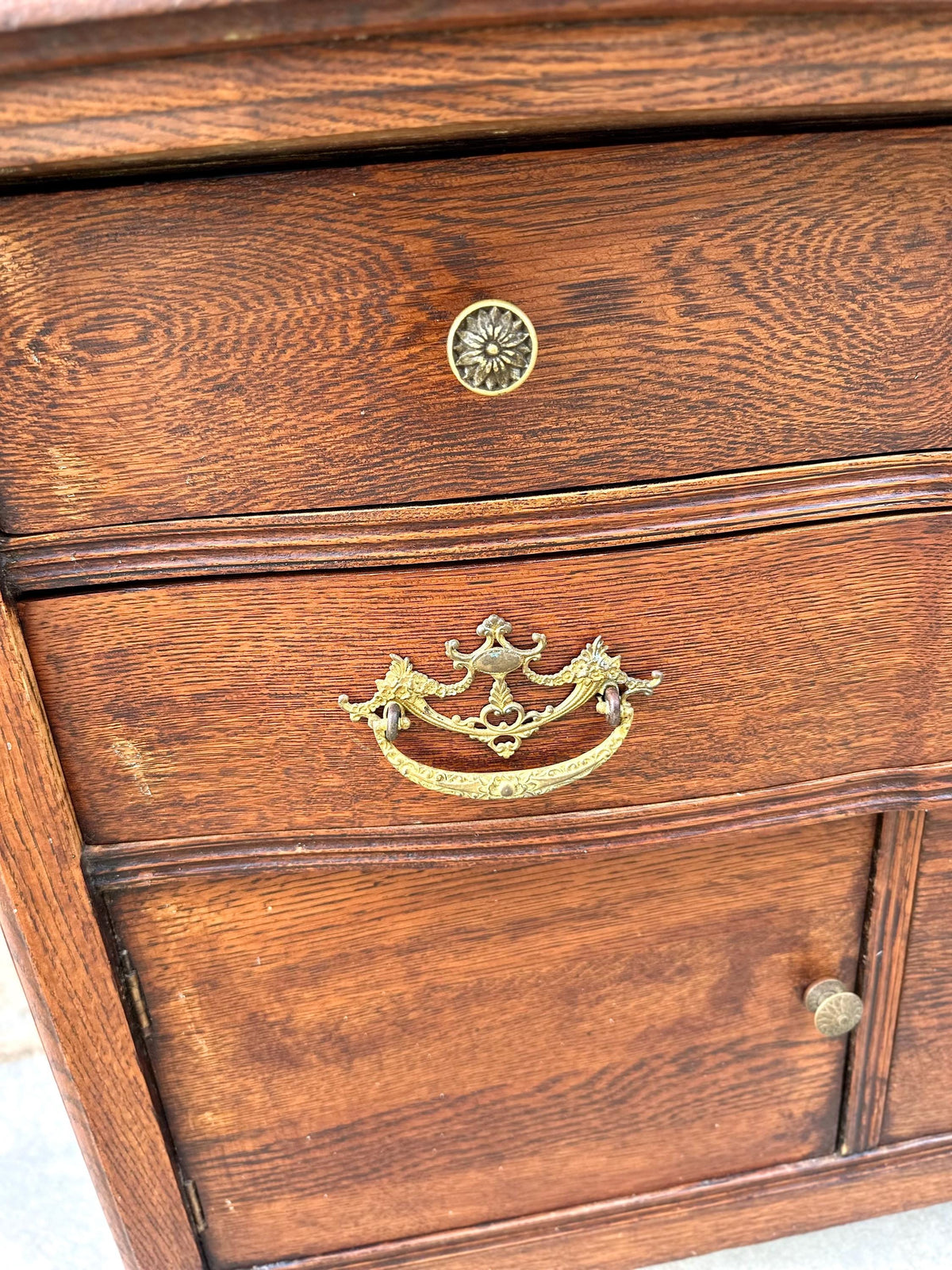 Antique Early 20th C Tiger Oak Chest of Drawers & Cabinet on Casters 32" Wide